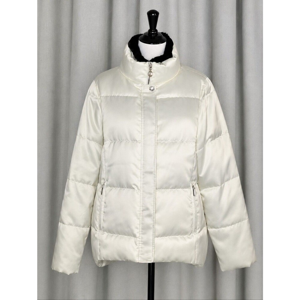 Coach Off White Shimmer Quilted Down Puffer Funnel Neck Winter Coat & Dust Bag